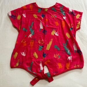 AJIO‎ Womens Red Abstract Brushstroke Front Tie Short Sleeve Top Size S